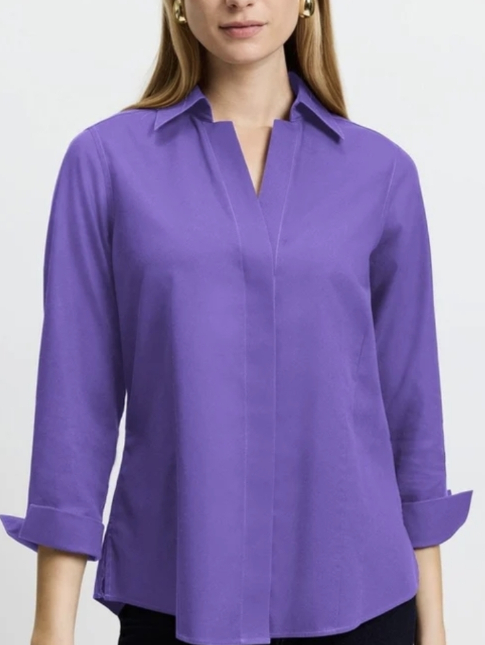 Foxcroft Royal Purple 3/4 Sleeves Split-Neck Blouse S